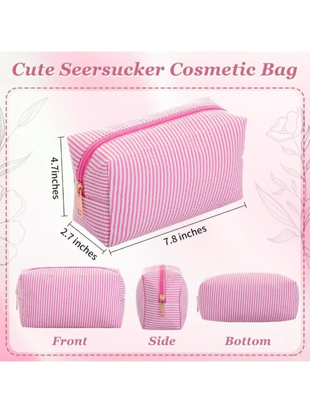 12 Pcs Striped Seersucker Cosmetic Bags Set - Pink Zippered Travel Organizers
